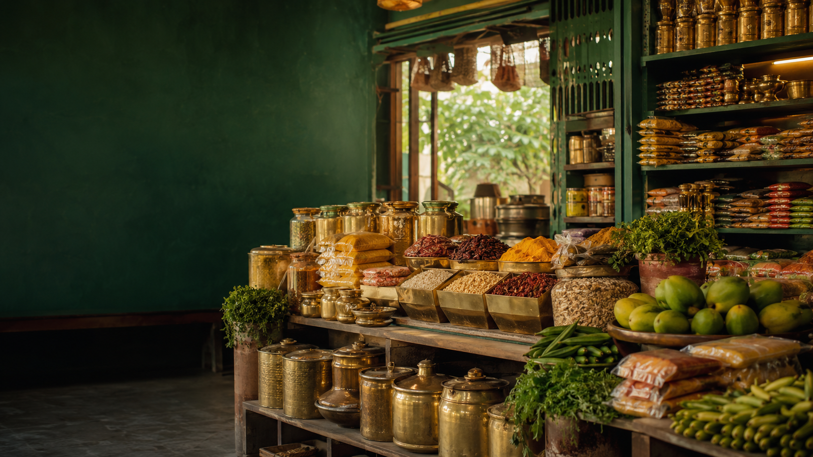 A welcoming Indian grocery shop with spices, grains and fresh produce